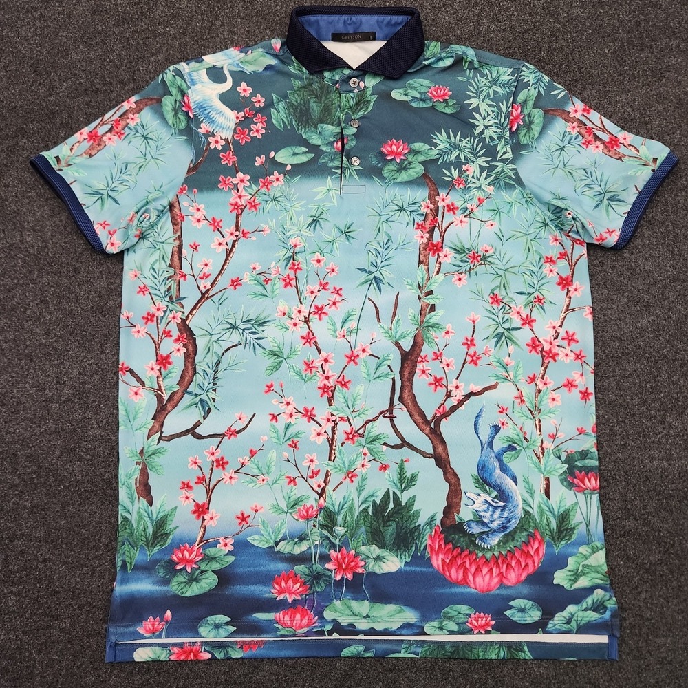 Greyson Golf Polo Shirt Large Magic Garden Asian Motif Crane Lotus Floral Knit